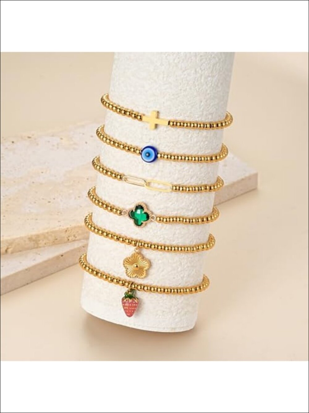 14K Gold Plated Beaded Bracelet Cross Charm Stretch Elastic Handmade - Picture 2 of 5